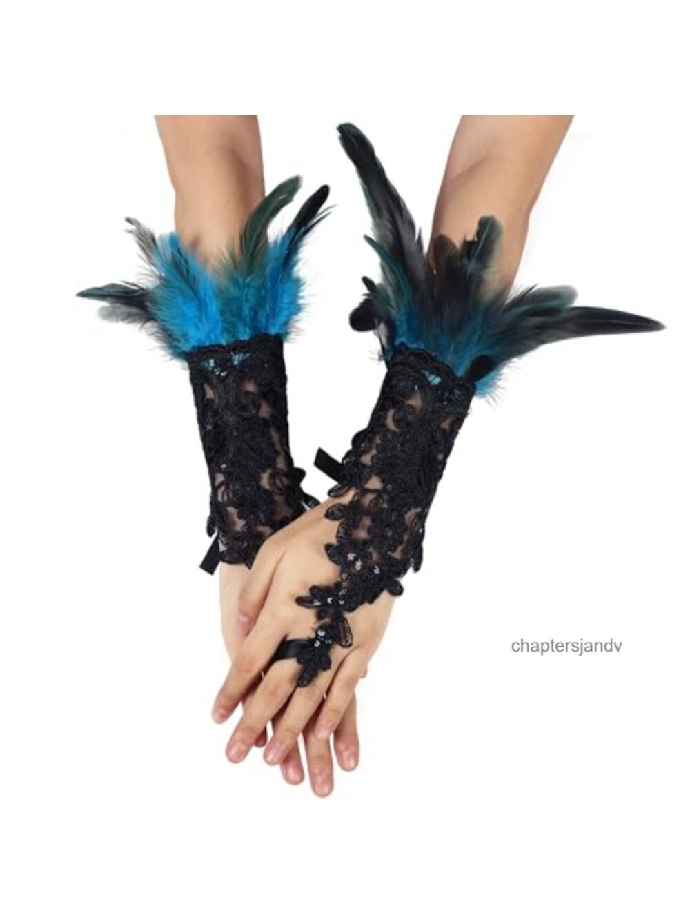 Feather Lace Gothic Wrist Cuffs Long Sleeved Gloves Women Costume Accessory